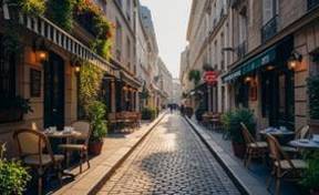Pintorescas calles y cafés históricos del Barrio Latino parisino.